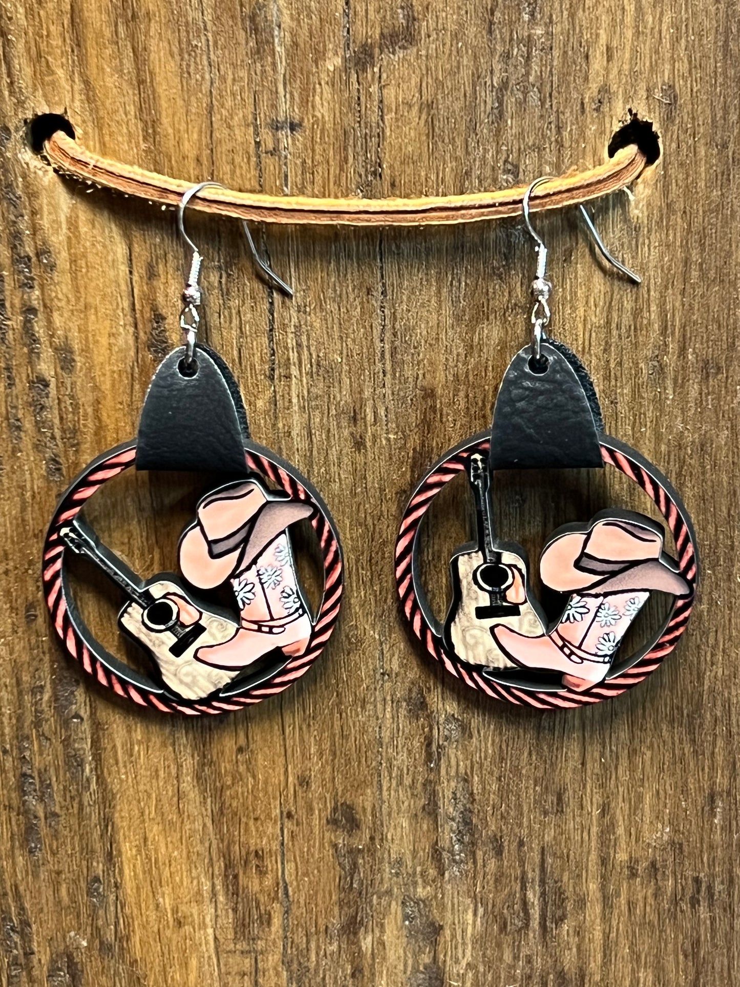 Boots and Guitars Wood with Faux Leather Earrings