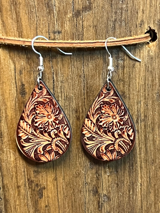 Tooled Leather Wood Teardrop Earrings