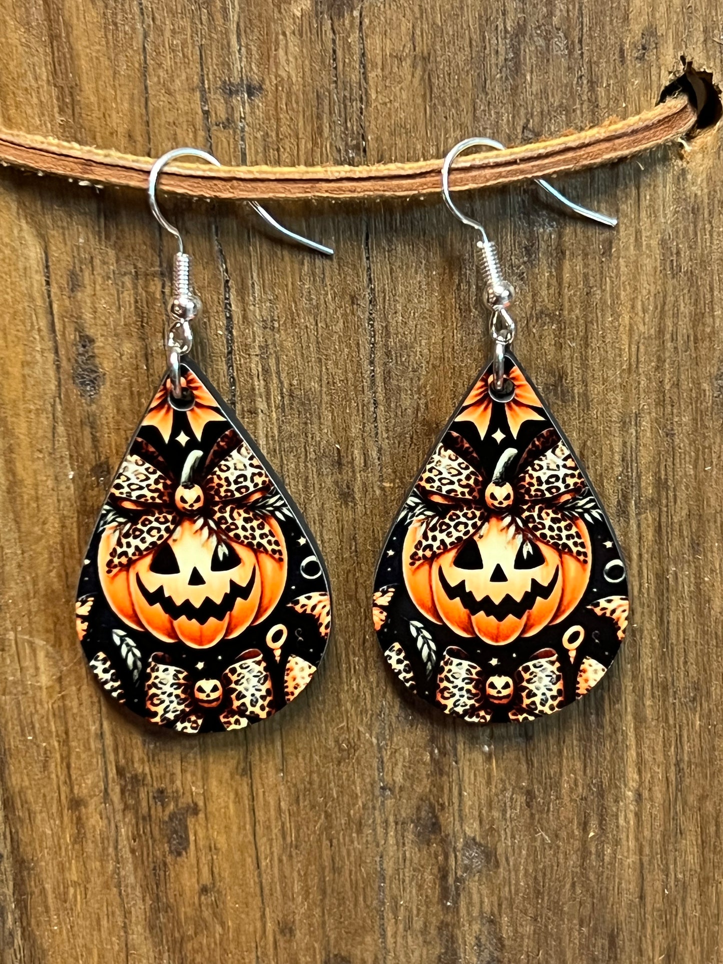 Cheetah Print Jack-O-Lantern Wood Earrings