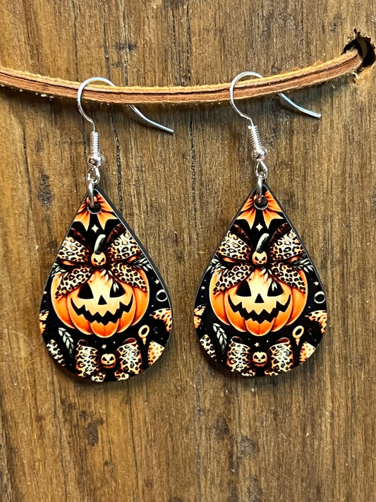 Cheetah Print Jack-O-Lantern Wood Earrings