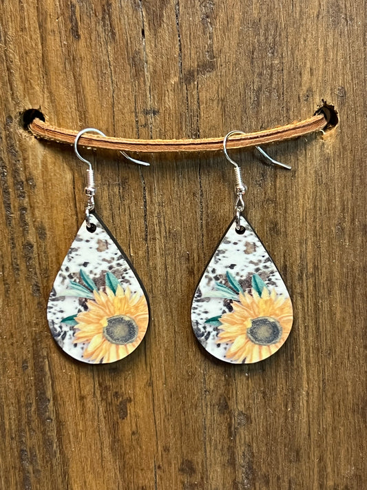 Sunflower Wood Teardrop Earrings