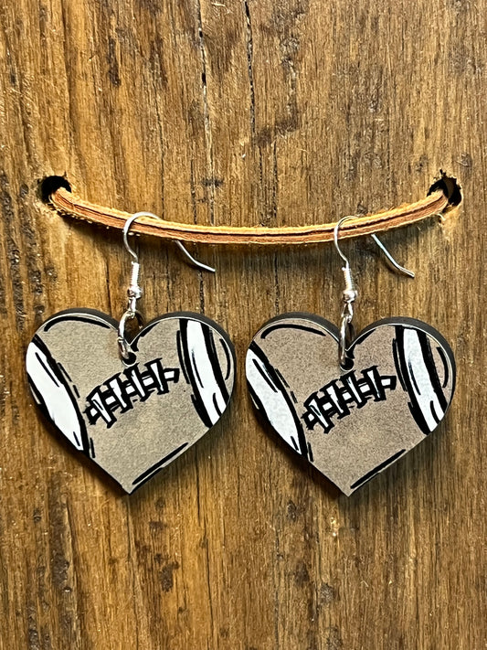 Heart Football Wood Earrings