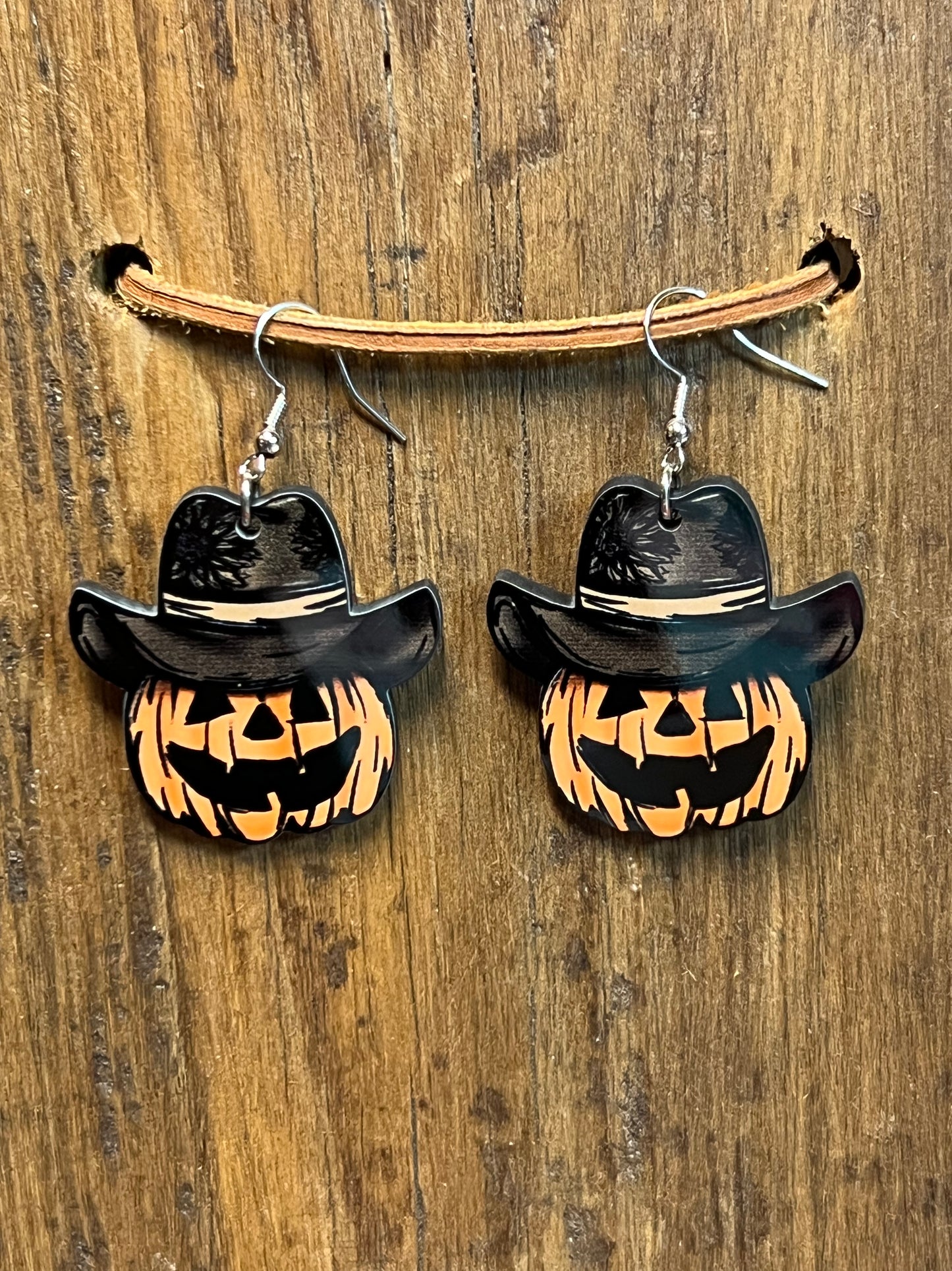 Cowboy Pumpkin Wood Earrings