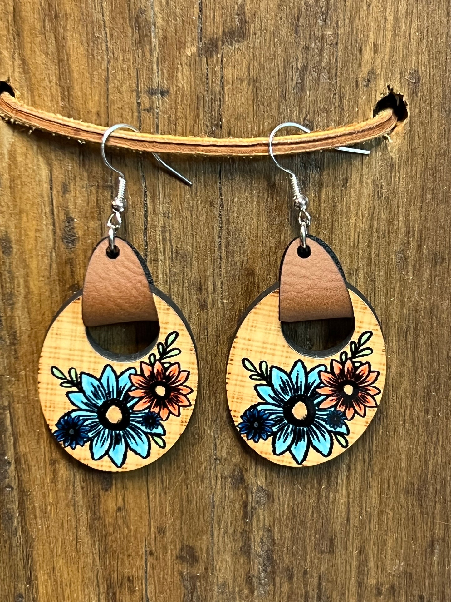 Fall Floral Open Oval Wood Faux Leather Earrings