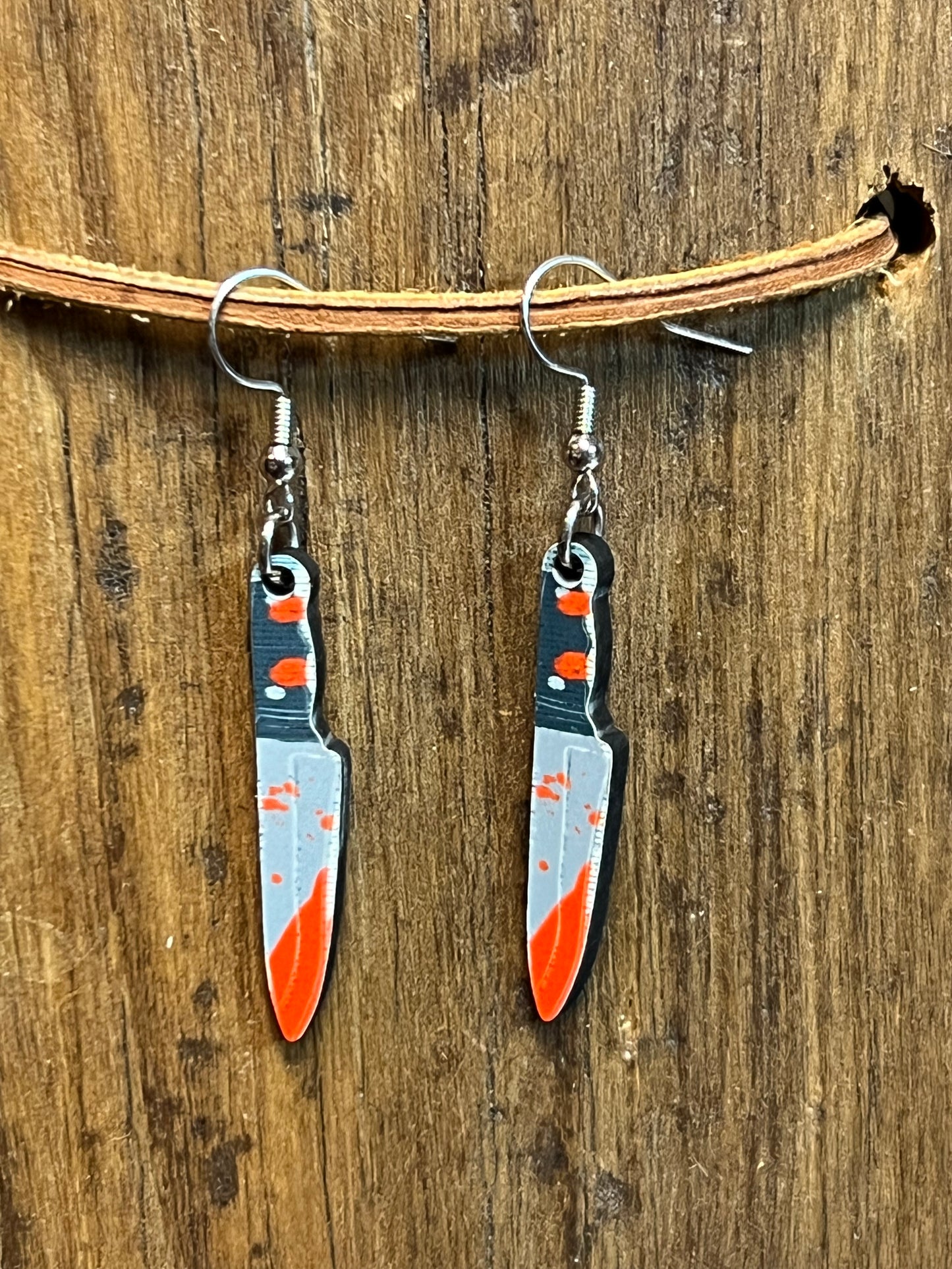 Spooky Bloody Knife Wood Earrings