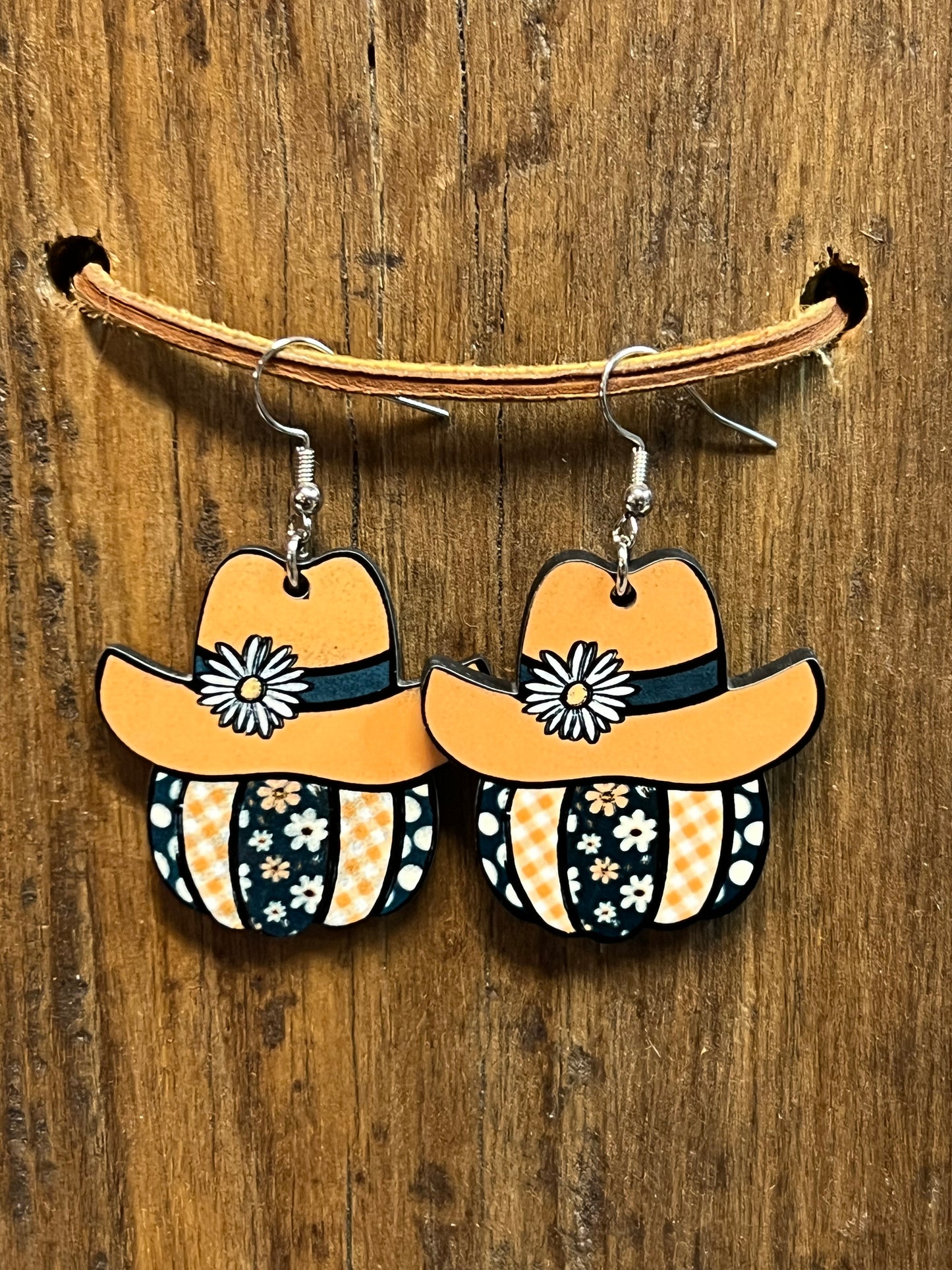 Floral Cowboy Pumpkin Wood Earrings