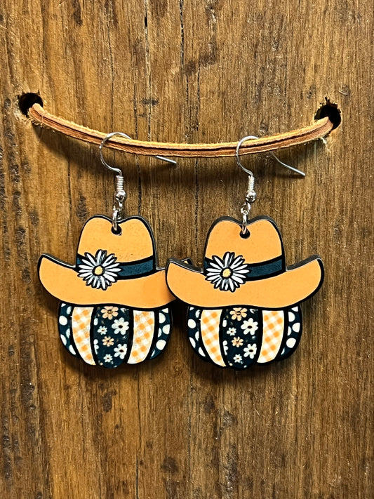 Floral Cowboy Pumpkin Wood Earrings