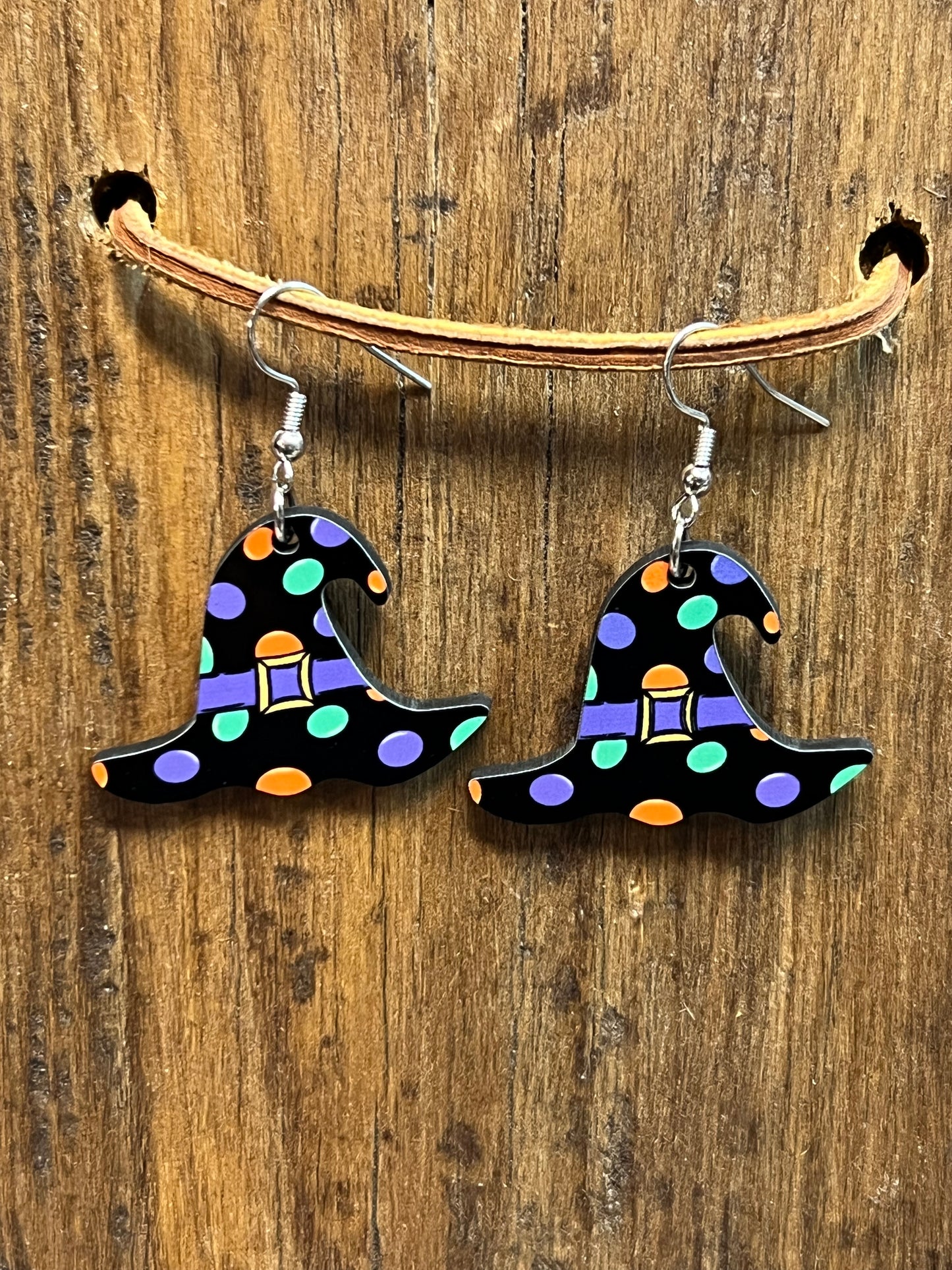 Polka Dot Witch Hat Wood Earrings